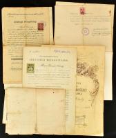 1899-1942 Iskolai, gimnáziumi, érettségi bizonyítványok, össz. 10 db. Vegyes méretben és állapotban, aláírásokkal, bélyegzőkkel, okmánybélyegekkel.