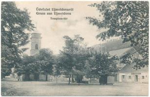 1913 Újmoldova, Neumoldowa, Bosneag, Moldova Noua; Templom tér, M. Bauer K. üzlete. Petrovits Sándor kiadása, Kühn Mihály fényképész / church, square, shop (fl)