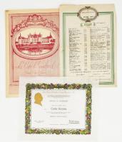 1957 Erdélyi Sörkert I. oszt. étterem étlapja + 1966 New York, Les Amis d'Escoffier Society tagsági díszoklevél, lapszéli szakadásokkal + Le Café Chambord étlap