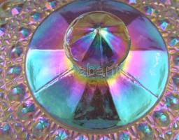 Antik irizáló karneválüveg vajtartó, formába préselt, jelzés nélkül, minimális kopottsággal, d: 17 c...