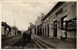 Felsőgalla (Tatabánya), Szent János utca, Várady Lajos üzlete, Gönczöl János könyv-papír, Irén női kalap szalon, Béke áruház. Gönczöl János saját kiadása