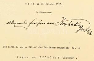 1916 Bécs, miniszteri kitüntetésadományozó irat magyar huszár részére