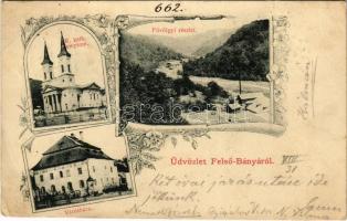 1900 Felsőbánya, Baia Sprie; Római katolikus templom, Fővölgyi részlet, városháza / church, valley, town hall. Art Nouveau, floral (Rb)