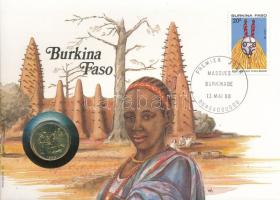 Közép-afrikai Államok 1989. 10Fr Al-bronz &quot;Burkina Faso&quot; felbélyegzett borítékban, bélyegzéssel, német nyelvű leírással T:UNC Central African States 1989. 10 Francs Al-bronze in &quot;Burkina Faso&quot; envelope with stamp and cancellation, with German description C:UNC