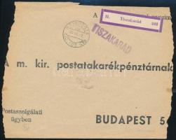 1940 Levél "M.KIR.POSTA 102" szükség és "TISZAKARÁD" vonal bélyegzéssel