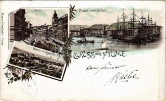 1897 (Vorläufer) Fiume, Rijeka; Corso, Hafen, Tersatto mit Schloss / port, Trsat with castle, street view. Marco Oberdorfer Art Nouveau, floral, litho (r)