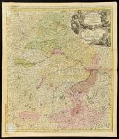1720 Johann Baptist Homann (1664 -1724): Bavariae Circulus et Electorat ... / Bajorország térképe. Színezett rézmetszet, vászonra kasírozva, néhol papírelvékonyodással. 55 x 47.7 cm / Engraved map of Bavaria