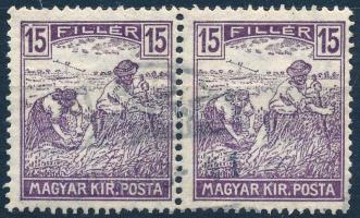 1916 Arató 15f pár, szakadt keret a bal oldali bélyeg bal oldali értékszáma fölött