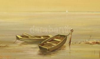 Rónai Antal (1924-): Nádasban. Olaj, farost, jelzett, 40x70 cm Dekoratív fa keretben, kisebb sérülés...