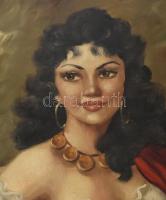 Olvashatatlan jelzéssel: Cigánylány. Olaj, vászon. Jelzett Aranyozott, szép állapotú gipsz rátétes f...