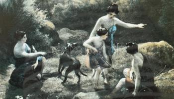 Nagy méretű aranyozott gipszrátétes üvegezett fa keret Olasz nyomattal 78x52 cm