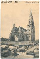 Kolozsvár, Cluj; Szent Mihály templom 1887-ben, piac. Régi képek után Joánovics Testvérektől. Hátoldalon "Specialitás gyermekképek" reklám / church in 1887, market. Photographer's advertisement on the backside (non PC)