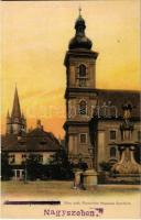 Nagyszeben, Hermannstadt, Sibiu; Röm. kath. Pfarrkirche, Nepomuk Standbild / Római katolikus plébániatemplom, Nepomuki szobor. Georg Meyer / church and monument