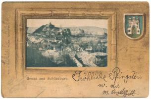 1904 Segesvár, Schässburg, Sighisoara; látkép. Szecessziós címeres litho keret / general view (fl)