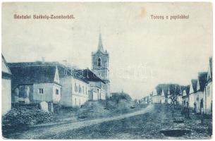 1914 Székelyzsombor, Zsombor, Jimbor; Templom torony a papi lakkal / church tower and rectory + "POSTAI ÜGYN."