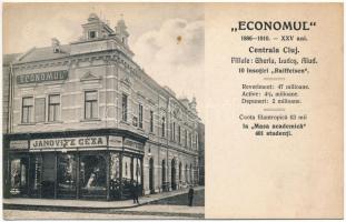 Kolozsvár, Cluj; Economul Bank 1886-1910 reklám, Janovitz Géza és Mátyás Dóra üzlete / bank advertisement, shops (EK)