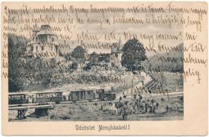 1902 Menyháza, Moneasa; Zubor villa, kisvasút, vasúti híd elhaladó vonattal, gőzmozdony, kirándulók / villa, railway bridge with passing train, locomotive, hikers (EK)