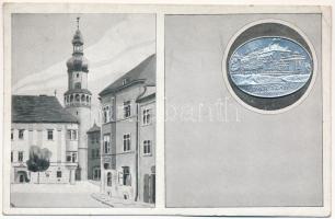 Sopron, Várostorony és Storno ház. Mikulecz Emil rajzai után. Első Soproni Gomb- és Fémdíszárugyár rt. kiadása - Soproni Lővér szálló fém érembetét (EK)