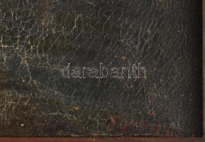 Jelzés nélkül: Erdei jelenet XX. sz. eleje. Olaj, vászon, dekoratív sérült keretben. Felület repedez...