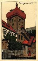 Bregenz, Martinsturm. Künstler Stein Zeichnung J. Webering Art Nouveau litho