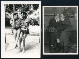 Férfiak cigizés közben és hintában, 2 db fotó, 8×6 és 9,5×6,5 cm