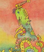 Schéner Mihály (1923-2009): Unikornis. Pasztell, filctoll, papír. Jelzett. Üvegezett keretben 21x17 ...