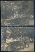 cca 1920 Társaság Fiat automobillal, 2 db fotó, 8×11 cm