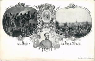 1849-1899 50 Jahre 21. Jäger-Baon. Fm. Erzherzog Albrecht, v. Kopal, Santa Lucia-Custoza. Verlag Helm un. Schussek / Szecessziós katonai emléklap a 21. Vadász Zászlóalj 50. évfordulójára / Austro-Hungarian Art Nouveau floral military memorial postcard