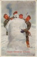 1916 Unser General Winter. Wohlgemuth &amp; Lissner Primus Postkarte No. 1085. / Első világháborús német katonai humor, Hindenburg hóember / WWI German military art, Hindenburg the snowman s: Herbert Schutz (EB)