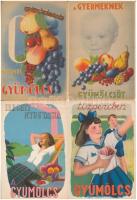 6 db RÉGI magyar gyümölcsöt reklámozó egészségügyi propaganda lap, C-vitamin táblázat a hátoldalon / 6 pre-1945 Hungarian health campagin propaganda with fruits, C-Vitamin chart on the backside