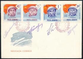 Valentyina Vlagyimirovna Tyereskova (1937- ), Valerij Bikovszkij (1934- ), Adrijan Nyikolajev (1929-2004), German Tyitov (1935-2000) és Pavel Popovics (1930-2009) szovjet űrhajósok aláírásai emlékborítékon / Signatures of Valentina Tereshkova (1937- ), Valeriy Bikovskiy (1934- ), Adriyan Nikolayev (1929-2004), German Titov (1935-2000) and Pavel Popovich (1930-2009) Soviet astronauts on envelope