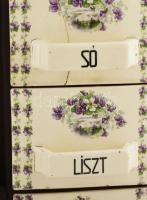 Antik konyhai fűszertartó szekrény magyar feliratos fajansz fiókokkal. Komplett! 8 nagy. 6 kis fiók,...