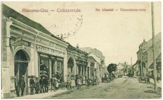 1940 Csíkszereda, Miercurea Ciuc; Gimnázium utca, Szvoboda Miklós könyvnyomda üzlete és saját kiadása / Str. Liceului / street, shops + "1940 Csíkszereda visszatért" So. Stpl