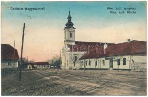 1917 Nagyzsám, Grossscham, Sama, Jamu Mare; Római katolikus templom, utca, üzlet. Weisz Jakab kiadása / church, street, shop