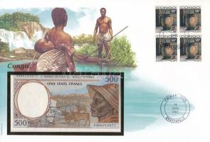 Közép-Afrika / Kongó bankjegyes pecsételt és bélyeges boríték benne Kamerun 1993-2002. 500Fr T:UNC Central Africa / Congo sealed envelope with stamp and cancellation, in it Cameroon 1993-2002. 500 Francs C:UNC