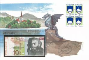 Szlovénia 1992. 10T borítékban, alkalmi bélyeggel és bélyegzéssel T:UNC Slovenia 1992. 10 Tolarjev in envelope with stamps and cancellations C:AU
