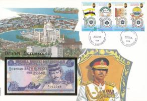 Brunei 1991. 1R felbélyegzett borítékban, bélyegzéssel T:UNC Brunei 1991. 1 Ringgit in envelope with stamp and cancellation C:UNC