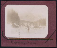 1912 Laposnya-telep Erdélyben, elől csendőrrel, fotó kartonra ragasztva, feliratozva, 6×8 cm