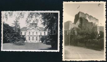 1939 A lévai (Felvidék) vár és lovag Schöeller-kastély, hátoldalon feliratozott 2 db fotó, jó állapotban, 8,5×6 cm