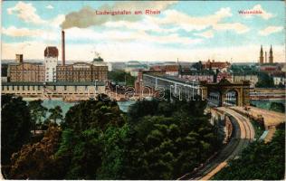 1908 Ludwigshafen am Rhein, Walzmühle / roller mill, railway bridge, barges. Josef Hepp (Rb)