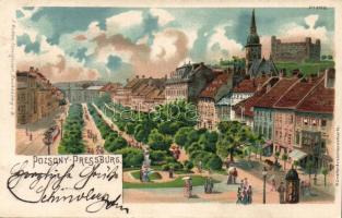 Pozsony with monument and tram litho