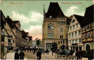 Ulm, Bahnhofstr. mit Saalbau, Fleisch Schirlien Wurstwaren / street view, shops, horse-drawn carriage (worn corners)