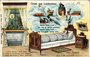 1912 Lipová-lázne, Lindewiese; Gruss aus... Ein Traum Es war einmal / Dream of a spa guest, humour. Anton Weisner. Art Nouveau, litho (pinhole)