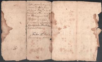 1646 Latin betűs ukrán nyelvű okirat, benne várostromról és birtokokról szóló sorokkal, sérült: háro...