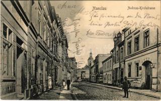 1905 Namyslów, Namslau; Andreas Kirchstrasse / street view, shops