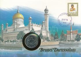 Brunei 1991. 50s Cu-Ni felbélyegzett borítékban, bélyegzéssel, német nyelvű leírással T:UNC Brunei 1991. 50 Sen Cu-Ni in envelope with stamp and cancellation, with German language description C:UNC