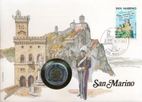 San Marino 1991. 500L Bimetál felbélyegzett borítékban, bélyegzéssel, német nyelvű leírással T:UNC San Marino 1991. 500 Lire Bimetallic in envelope with stamp, cancellation and a prospectus in german C:UNC