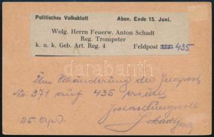 1917 Tábori posta levelezőlap "Gebirgsartillerieregiment Nr.4." + "FP 371" 1917 ...