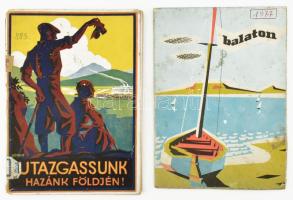 Utazgassunk hazánk földjén! Szerk.: Koller Ferenc és Vigyázó Sándor. Bp., (1931), MÁV, 64 p. A borító Gönczi-Gebhardt Tibor munkája. Térkép-melléklettel. Kiadói papírkötés, volt könyvtári példány, sérült borítóval, a borító elvált a füzettől, a térkép kijár, sérült. + 1977 Balaton térkép, Bp., Kartográfia, 33x95 cm.