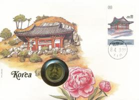 Dél-Korea 1985. 10W Cu felbélyegzett borítékban, bélyegzéssel, német nyelvű tájékoztatóval T:UNC South Korea 1985. 10 Won Cu in envelope with stamp, cancellation and a prospectus in german C:UNC